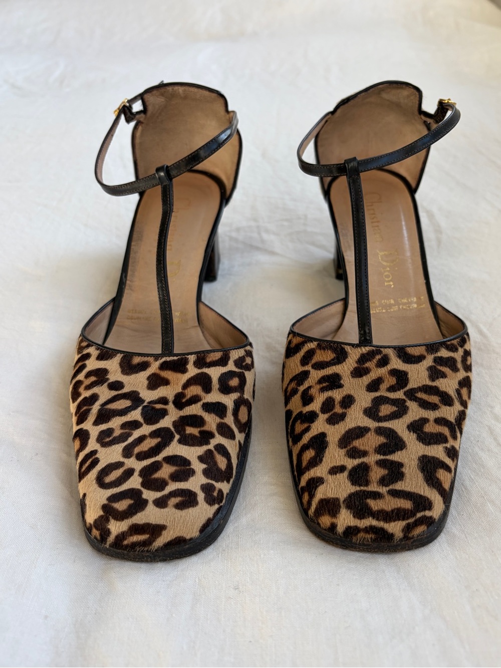 Vintage Dior Leopard Pony Calf Hair T Strap Thong Heels Brown Black - Picture 2 of 7